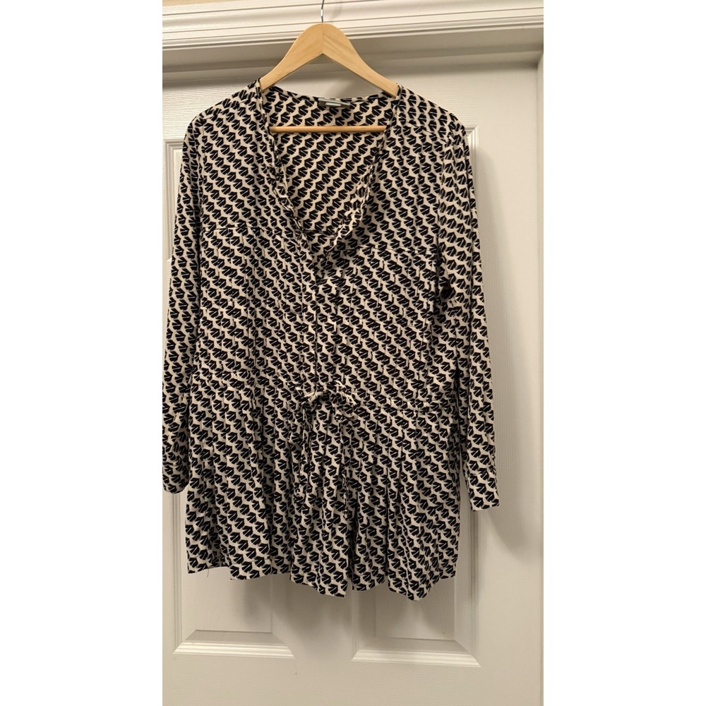 Maeve Tunic Blouse Womens Medium Navy Blue Bird Print Peplum V-Neck Long Sleeve